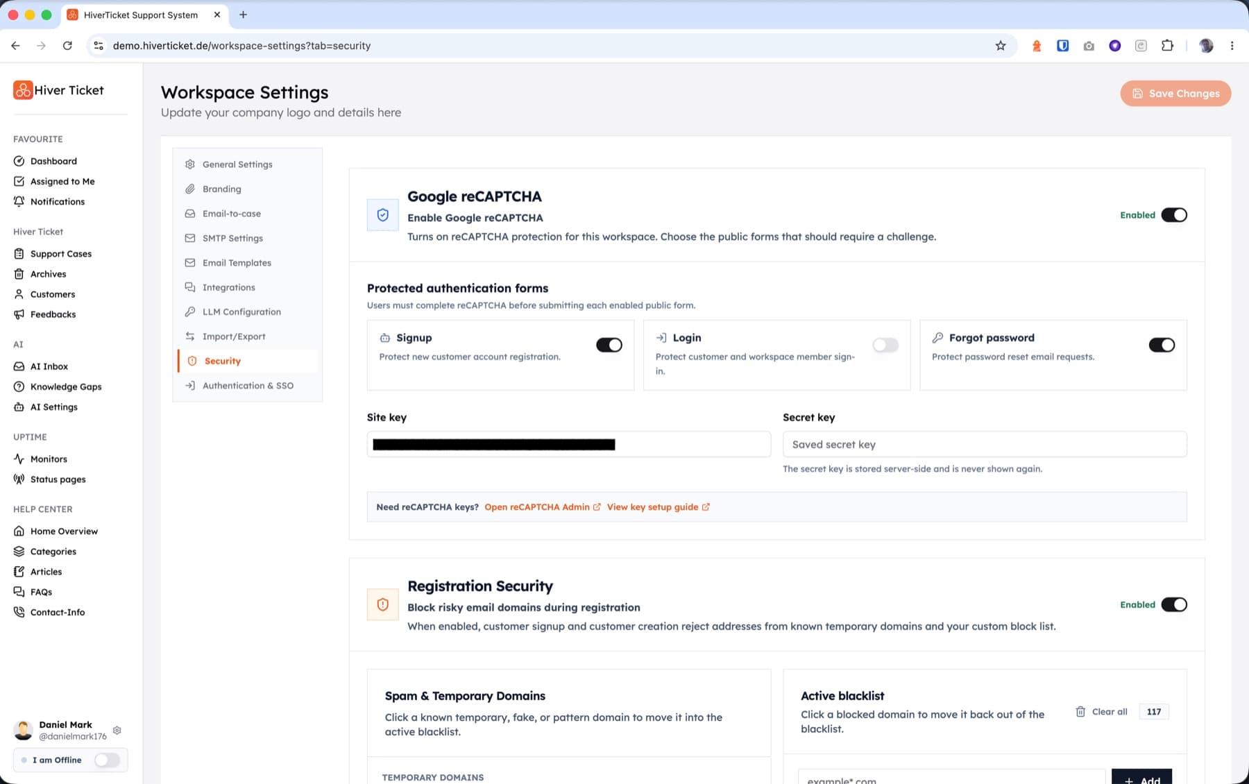 HiverTicket workspace security controls