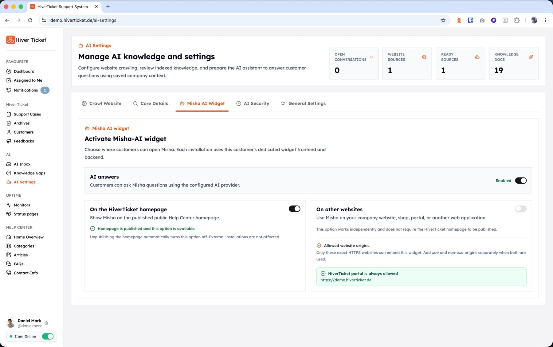 HiverTicket AI knowledge and chatbot settings
