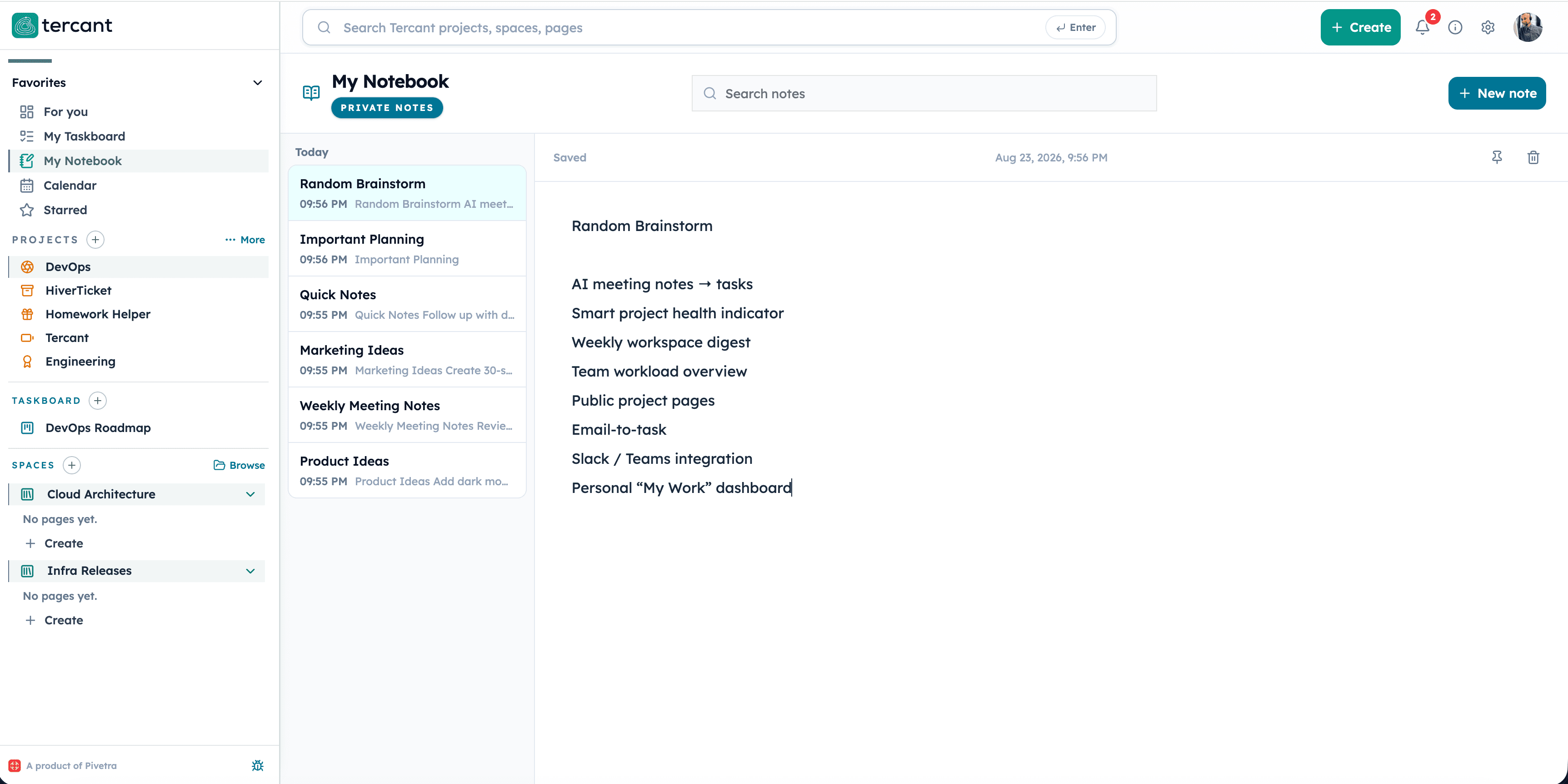 Tercant Personal Notebooks showing private notes, note search, and a focused writing area