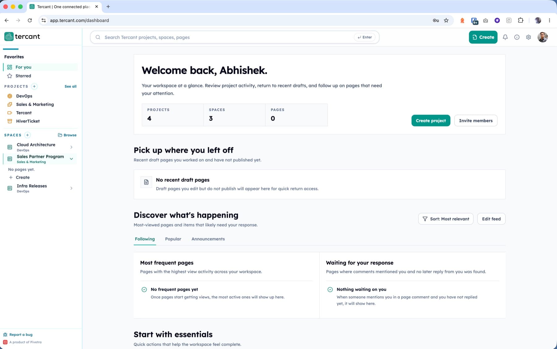 Tercant dashboard showing projects, spaces, pages, drafts, and team activity